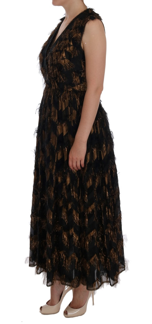 Dolce & Gabbana Black silk dress with brown fringes in A-line